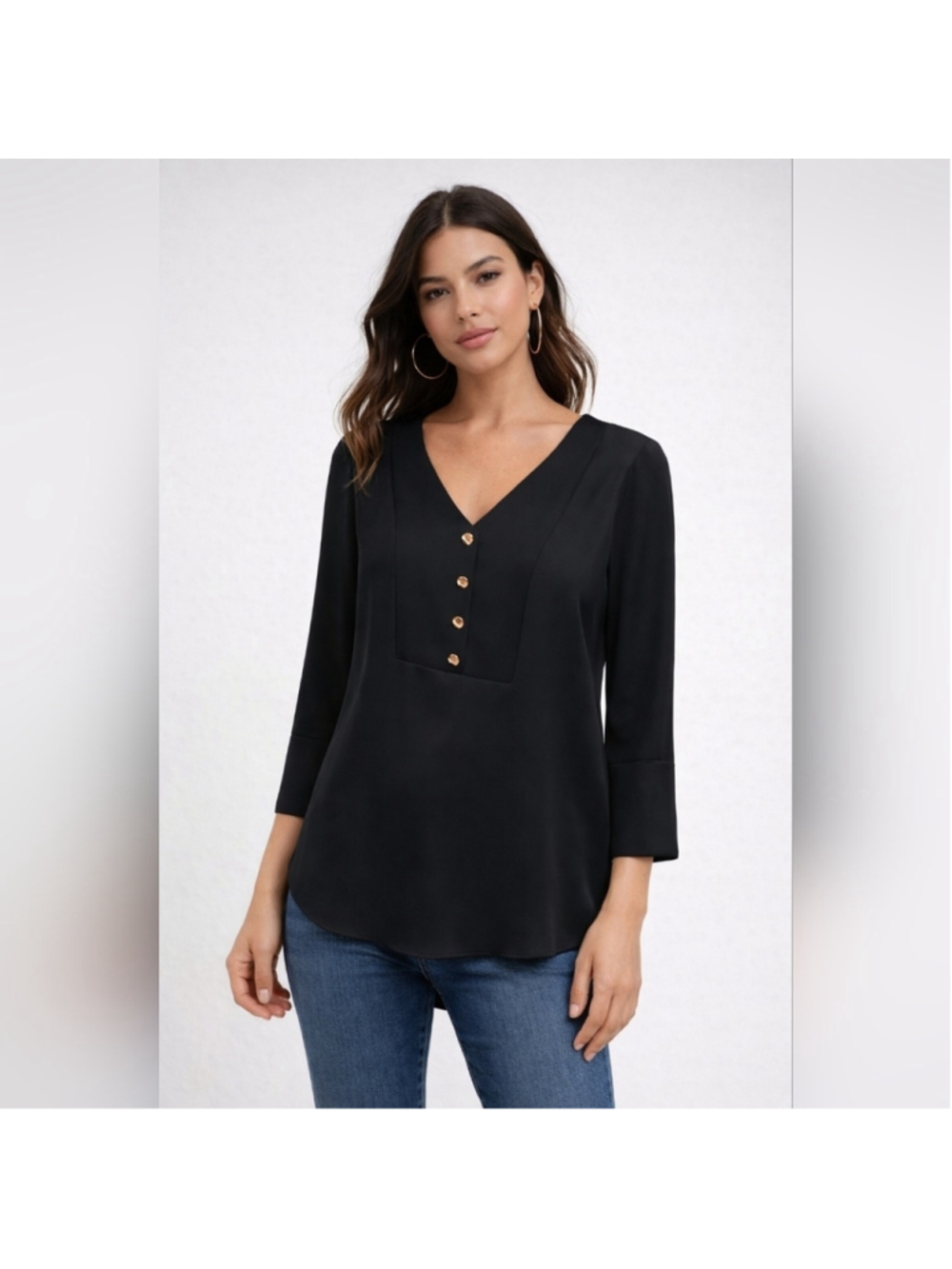 Joseph Ribkoff Black Blouse – Size 8 – Gold Buttons – Elegant Minimalist Top